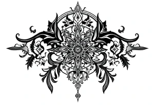 mystical dark and long ornament with shaman and witch style and ancient rhyme tattoo idea