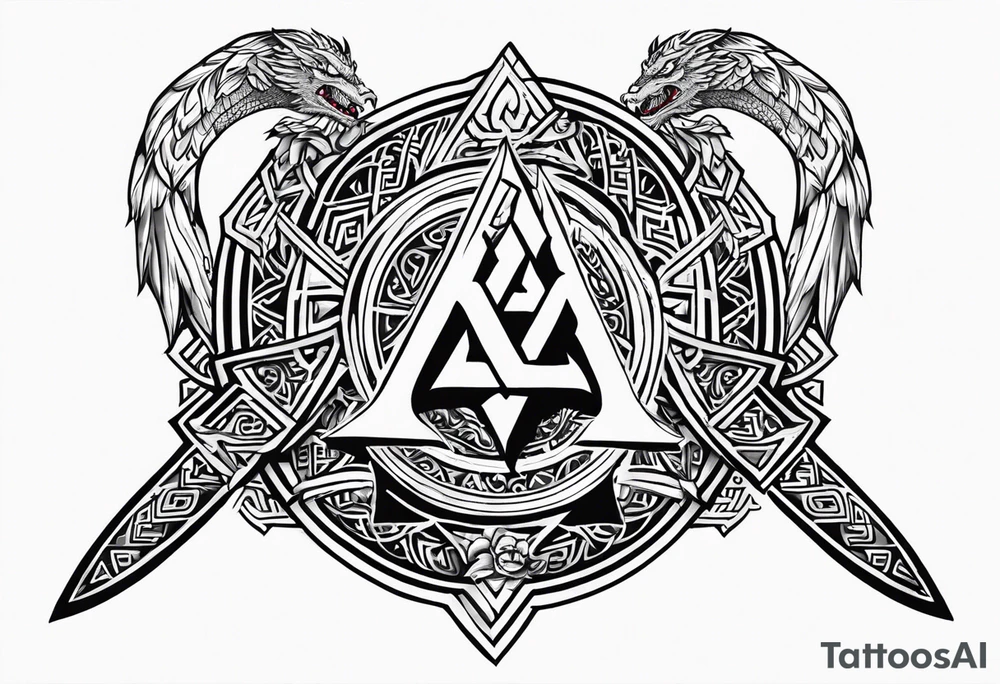 Valhalla sword shield dragon axe Valknut fire tattoo idea Valhalla sword shield dragon axe Valknut fire tattoo idea