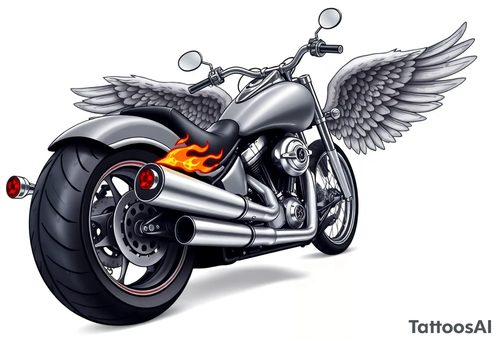 Low rider grey motorcycle, big muffler pipes with flames, angel wings, driving away, no person tattoo idea