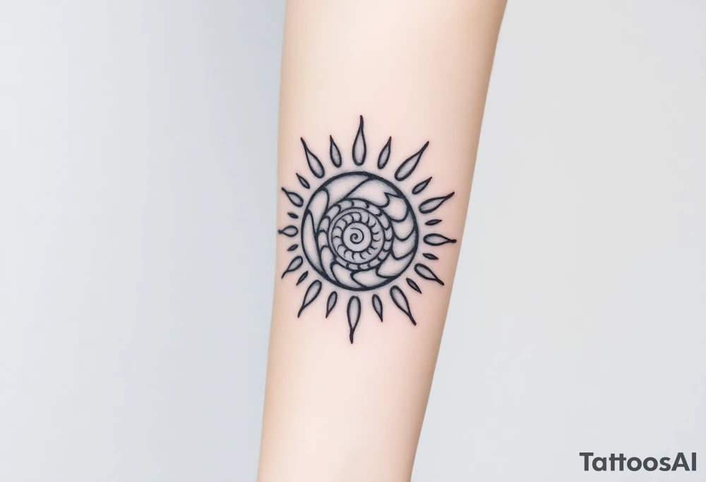 Fibonacci spiral shell inside of painted sun tattoo idea