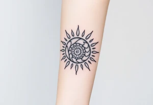 Fibonacci spiral shell inside of painted sun tattoo idea