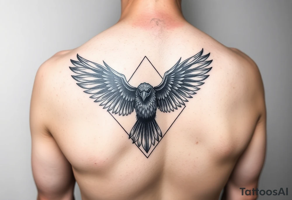 Diamond Geometric design with crow with long wings with dark shading  for forearm tattoo idea
