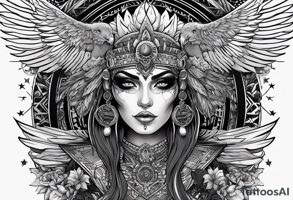 black kali, goddess pirate, alien, pachamama, valkrye, warrior, skull, lotus azul, wing, eagle, zenza resonance, stars, 5D tattoo idea