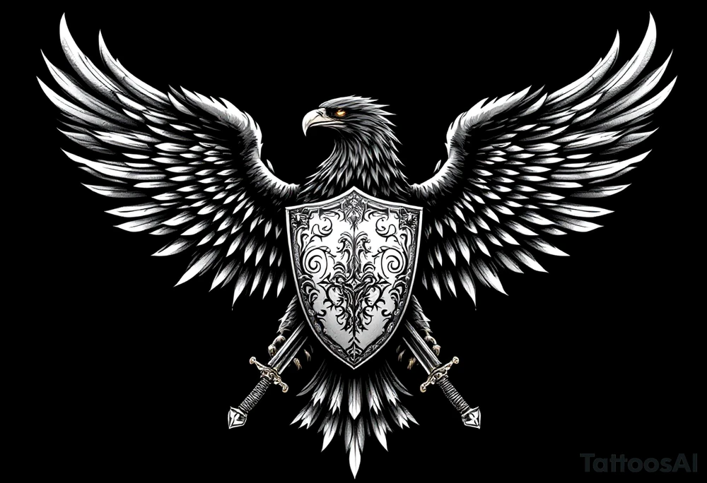 Silesian Eagle with a Shield and Swords – A fierce black eagle clutching a silver shield with traditional Silesian patterns, crossed by two ornate medieval swords. The eagle’s eyes glow in deep amber, symbolizing vigilance and protection. tattoo idea