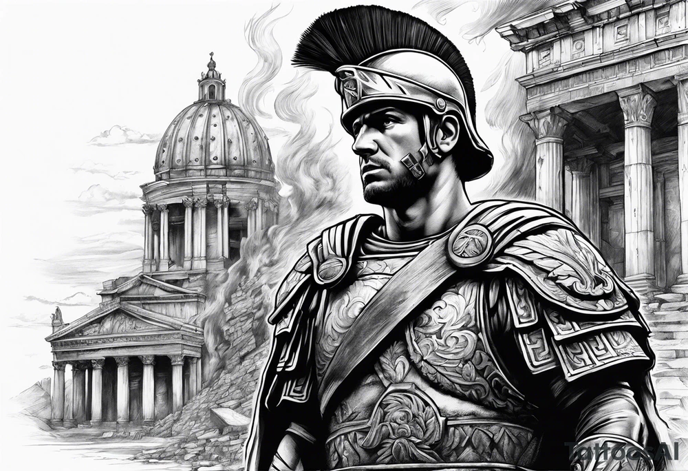 Roman soldier looking right at burning ruins tattoo idea
