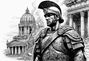 Roman soldier looking right at burning ruins tattoo idea
