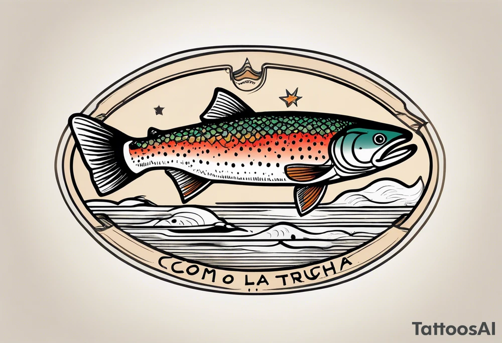 A small tattoo with a shaded trout and text that says, 'Como la trucha...' drawn with fine lines." tattoo idea