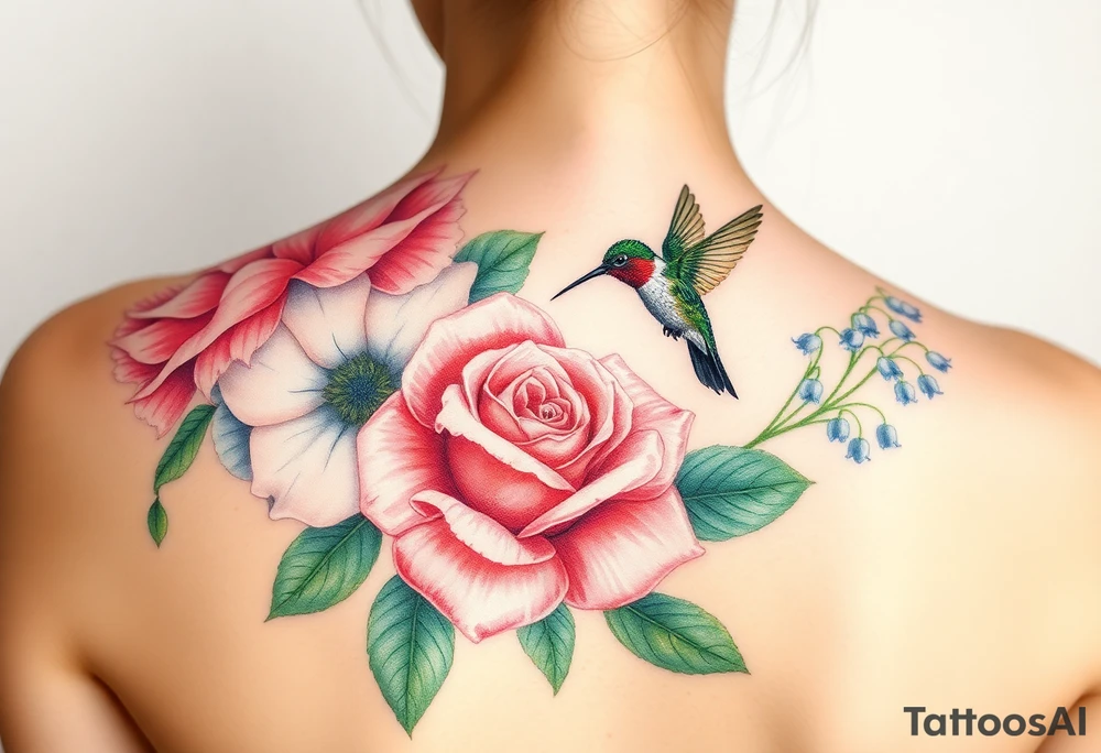 Bouquet of flowers with watercolors carnation, rose, Lily of the valley, delphinium with stems Starting upper middle back to right shoulder With Rufos humming bird feeding on rose.  Soft tones tattoo idea