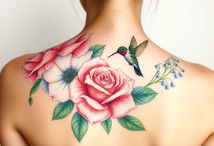 Bouquet of flowers with watercolors carnation, rose, Lily of the valley, delphinium with stems Starting upper middle back to right shoulder With Rufos humming bird feeding on rose.  Soft tones tattoo idea