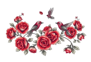 Vintage lace, red roses, red birds, vintage, wrap around, tighter together, no space open tattoo idea