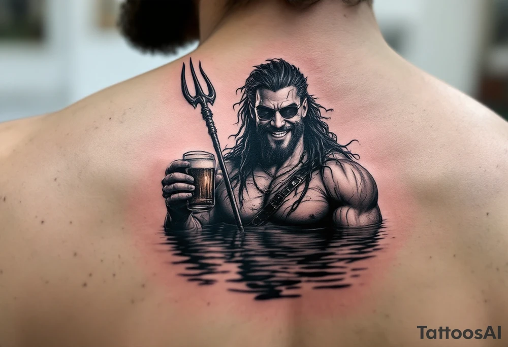 smiling, fit poseidon, with a trident, in calm water, holding a beer, with sunglasses tattoo idea