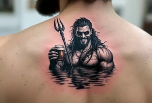 smiling, fit poseidon, with a trident, in calm water, holding a beer, with sunglasses tattoo idea