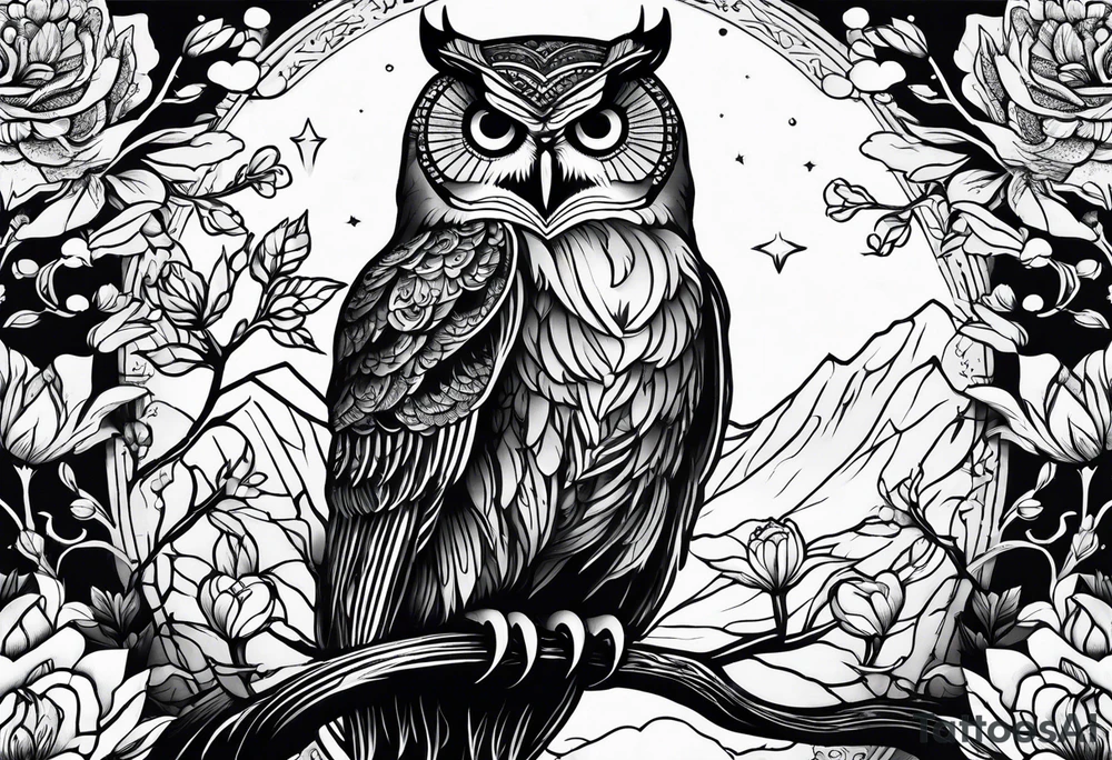 Winter night sky, flowers, owls tattoo idea