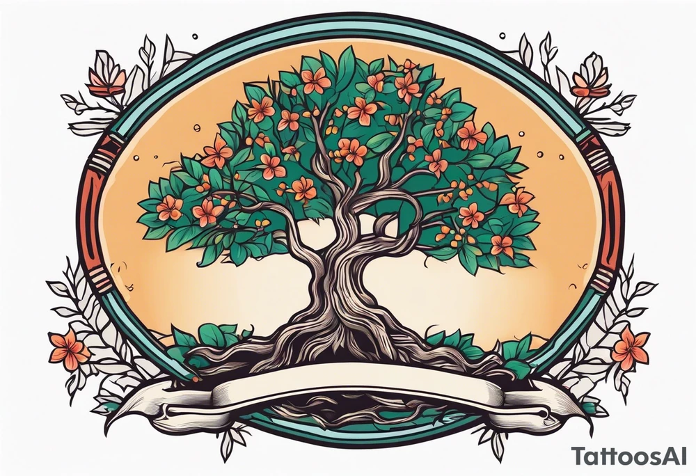 tree with roots 
and banner across

old school vintage simple traditional design with vintage flowers surrounding
bold color simple tattoo idea