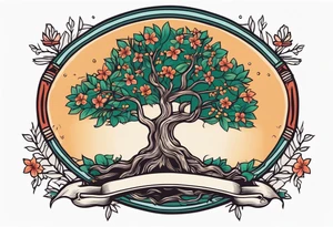 tree with roots 
and banner across

old school vintage simple traditional design with vintage flowers surrounding
bold color simple tattoo idea