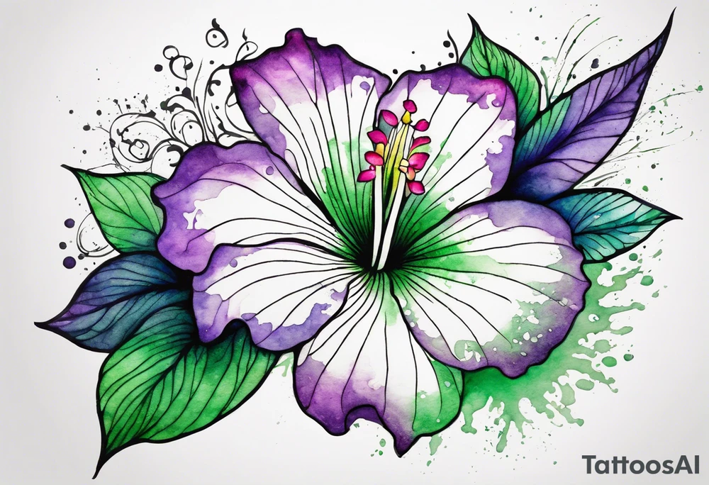 A mystical outline of a rio dipladenia flower and a green/purple watercolor splash in the background tattoo idea