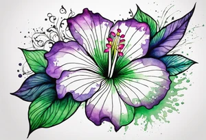 A mystical outline of a rio dipladenia flower and a green/purple watercolor splash in the background tattoo idea