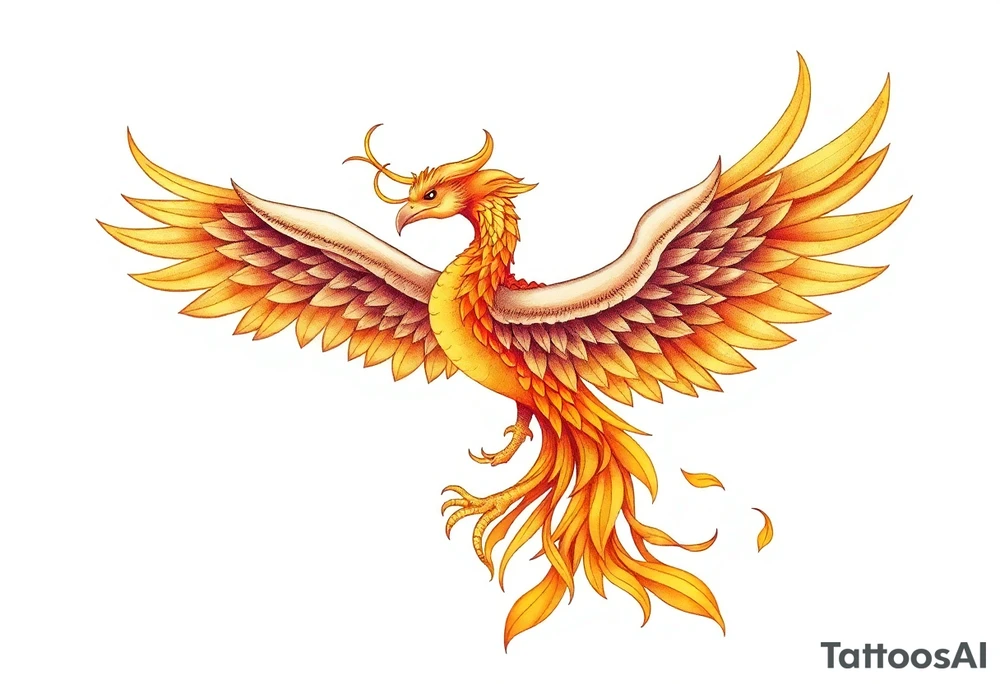 magnificent phoenix rising from golden flames with trailing embers tattoo idea