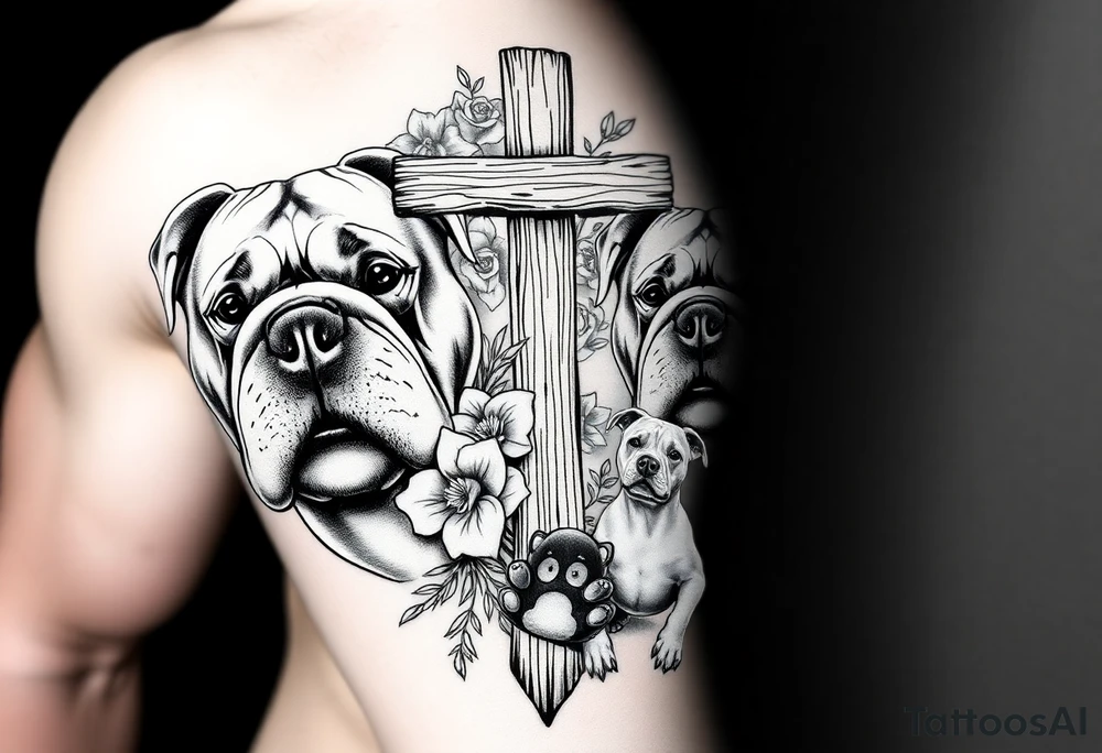 2 powerfull bulldogs with a Old wooden cross surrounded by lilies and roses, New York City, Drama, Music, a bulldog/dachshund mix, and a baby dinosaur, with a paw print tattoo idea