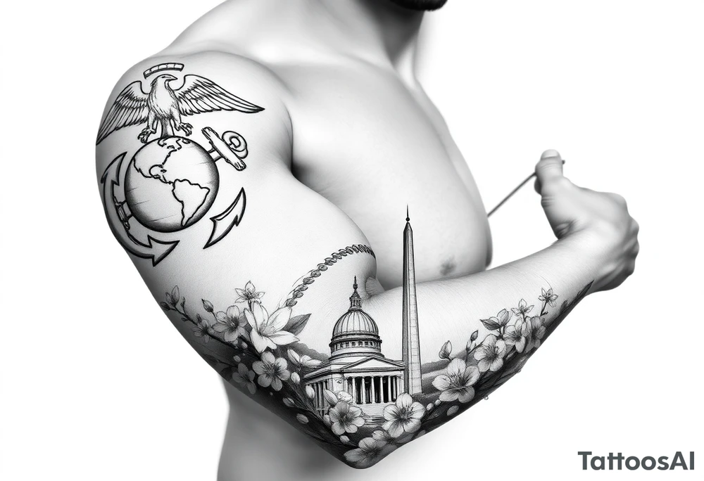Marine Corps eagle globe and anchor emblem, Mount Fuji, Washington monument all with cherry blossoms filling in tattoo idea