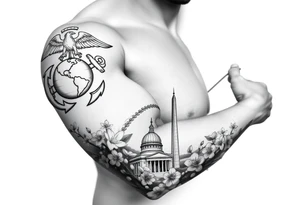 Marine Corps eagle globe and anchor emblem, Mount Fuji, Washington monument all with cherry blossoms filling in tattoo idea