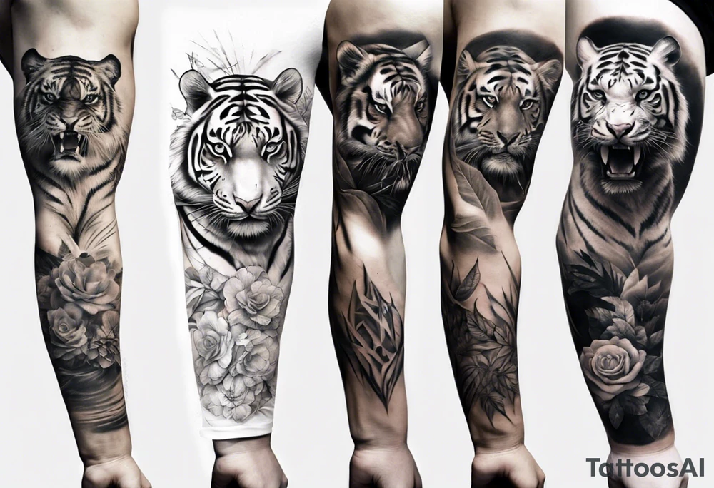 half tiger half human arm sleeve realistic tattoo idea