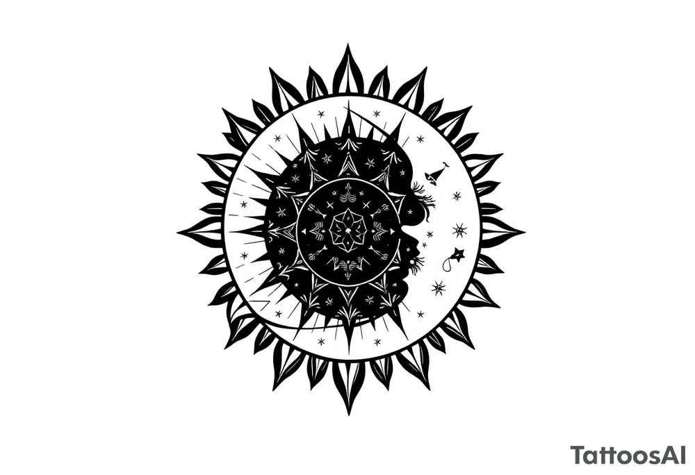 celestial sun and moon embrace with constellation patterns tattoo idea