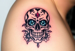 Masculine sugar skull with diamond gemstone eyes and daisy tattoo idea