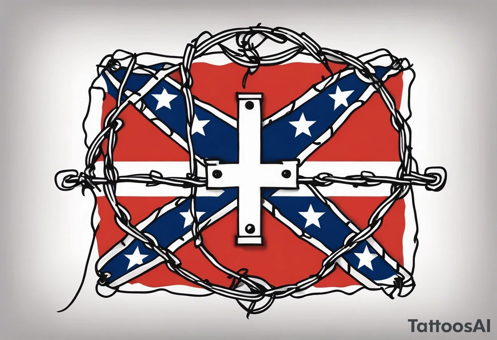 Rebel flag caught between 2 bands of barbed wire tattoo idea