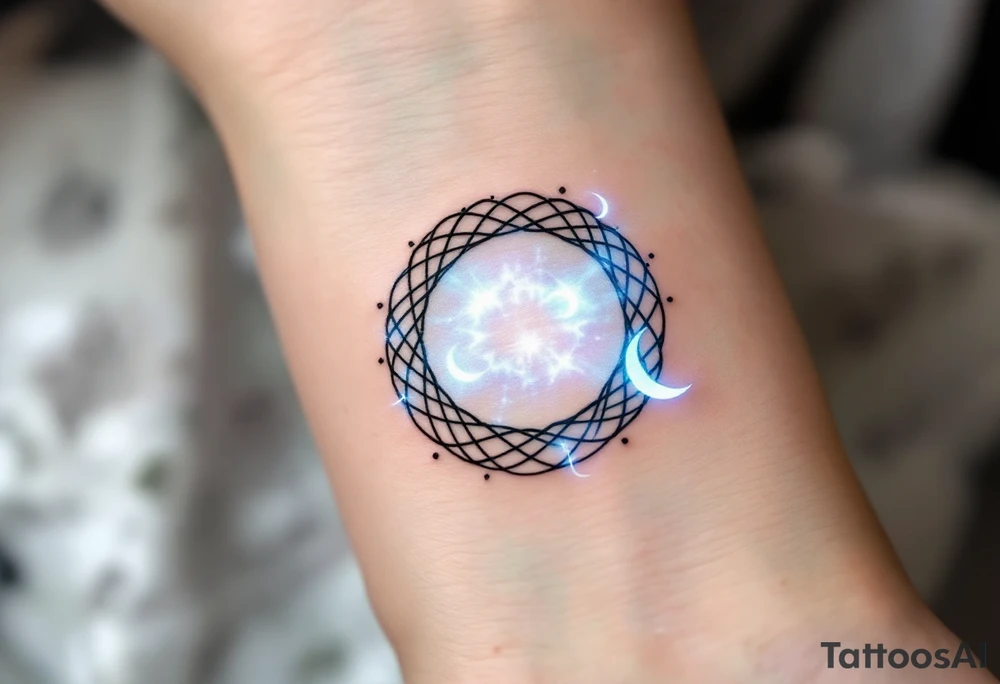 The symbol is formed by interwoven lines, creating a perfect circle, with an aura of pale blue light. The rune emits a soft, mystical glow and is complemented by small crescent moons surrounding it, symbolizing the infinity of love. tattoo idea
