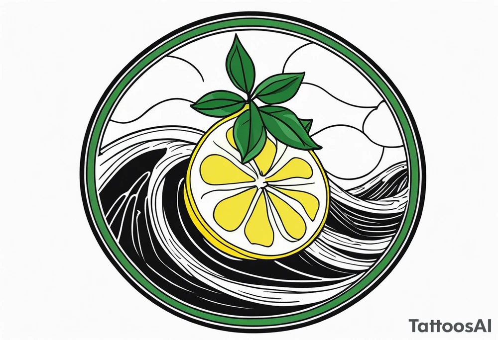 A lemon-Buoy with a green leaf-flag on waves tattoo idea