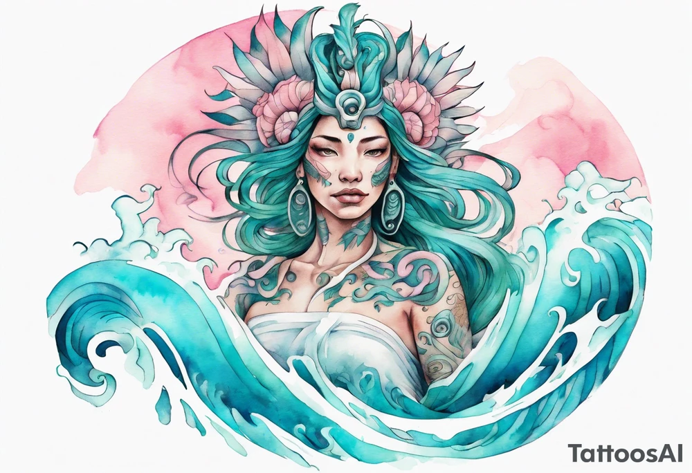 a turquoise and white and pink Quetzalcoatl-woman hybrid with beautiful eyes emerging from the blue waves of the ocean tattoo idea