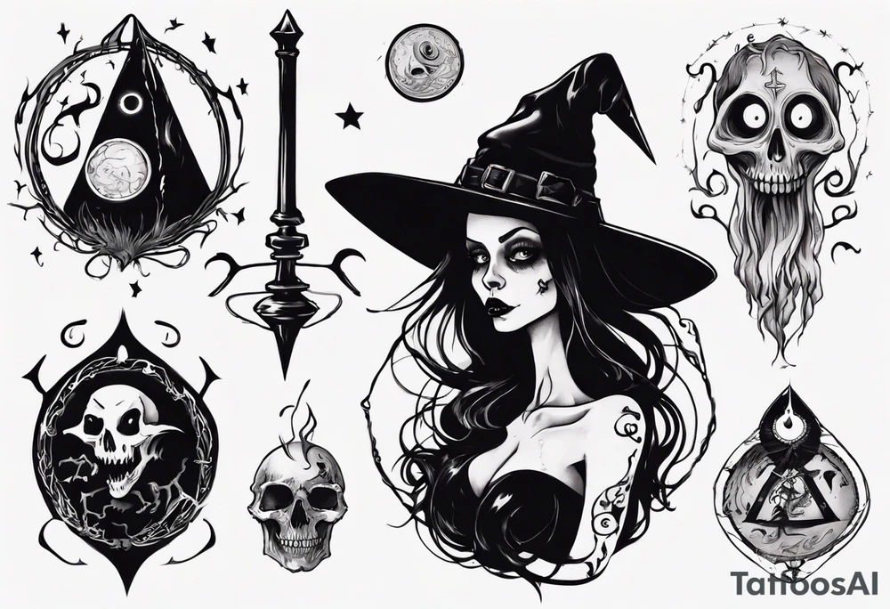 a Tim Burton-style witch necromancer tattoo idea