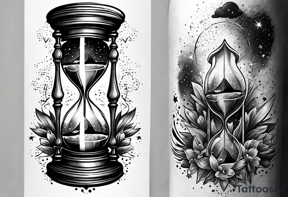 Hourglass with star stuff and cosmic dust exploding from the top and bottom of the hourglass. Long tattoo to fit on the forearm tattoo idea