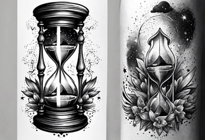 Hourglass with star stuff and cosmic dust exploding from the top and bottom of the hourglass. Long tattoo to fit on the forearm tattoo idea