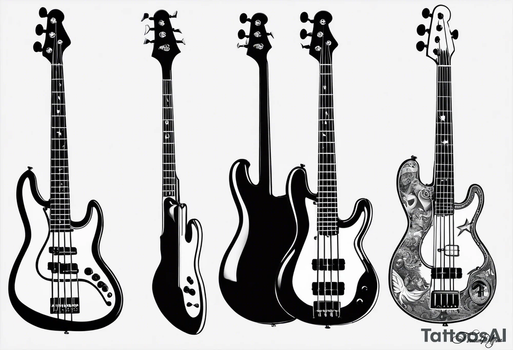A well balanced tattoo full left arm with the following images: a bass guitar, 2 stars, 1 quarter moon, a caduceus symbol and a mickey mouse tattoo idea