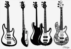 A well balanced tattoo full left arm with the following images: a bass guitar, 2 stars, 1 quarter moon, a caduceus symbol and a mickey mouse tattoo idea