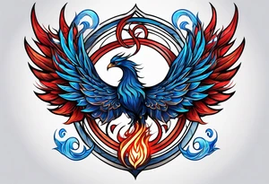 Blue and red Phoenix in a triquetra with flames tattoo idea