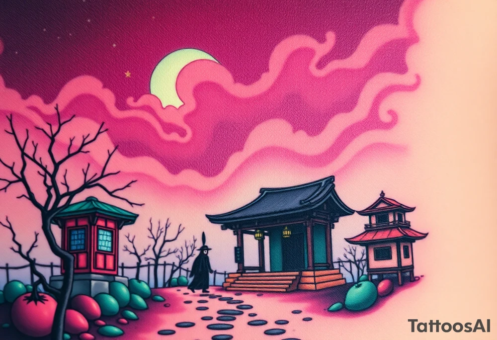 Tim Burton’s haunted pastel Tokyo shrine is abandoned except for one lone samurai ghost and dripping with muted reds, dusty pinks, and eerie green glow.purple and cyan smokey clouds swirl in the crescent moonlit sky thats sprinkled with stars tattoo idea tattoo idea