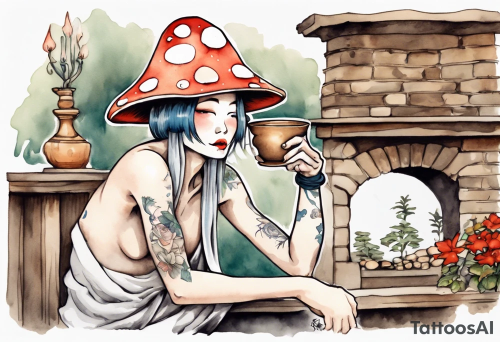 gwyllion
wearing a mushroom hat sitting on a bench by a fireplace drinking from a wood cup, laughing tattoo idea