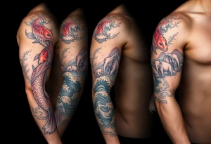 Koi fish and elephants with a wave design and underwater mountains  to go on the arm with alot of shading and intricate details tattoo idea