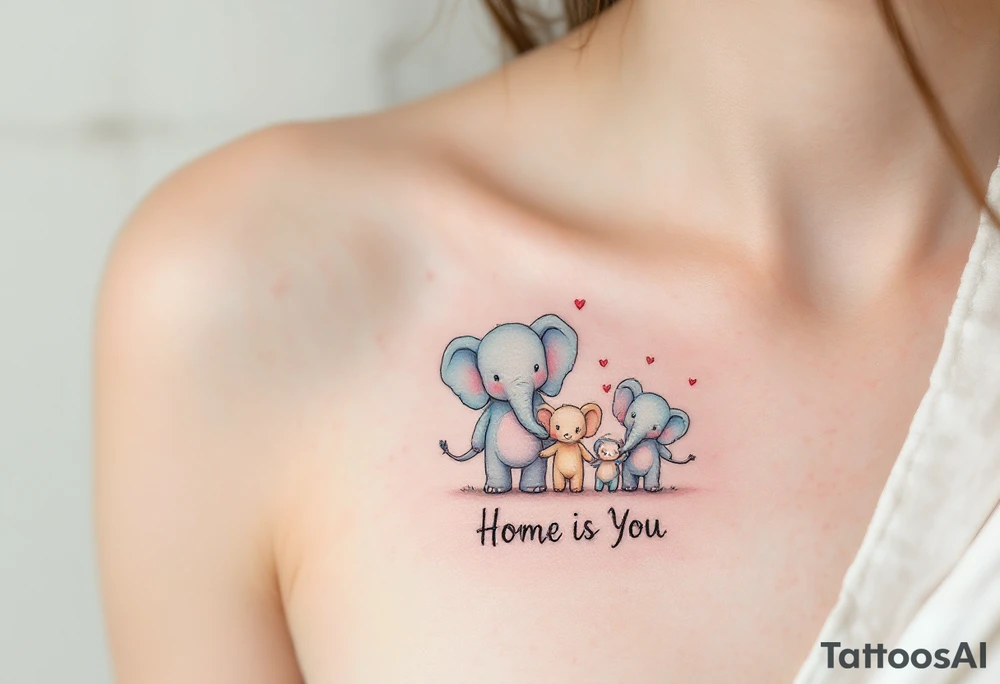 A cartoon-style elephant family on left pack in pastel tones holding tails with “Home is You” below. tattoo idea