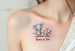 A cartoon-style elephant family on left pack in pastel tones holding tails with “Home is You” below. tattoo idea