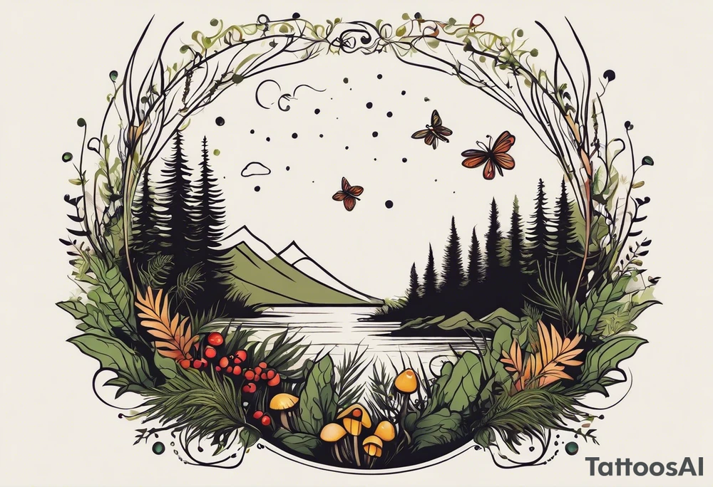 forest floor inspired minimalist tattoo, which includes grass, curly ferns, moss and dead leaves as the bulk of the tattoo. details to include: forest berries, a tiny bumblebee flying nearby, three small brown mushrooms
Generate a vertically long one tattoo idea