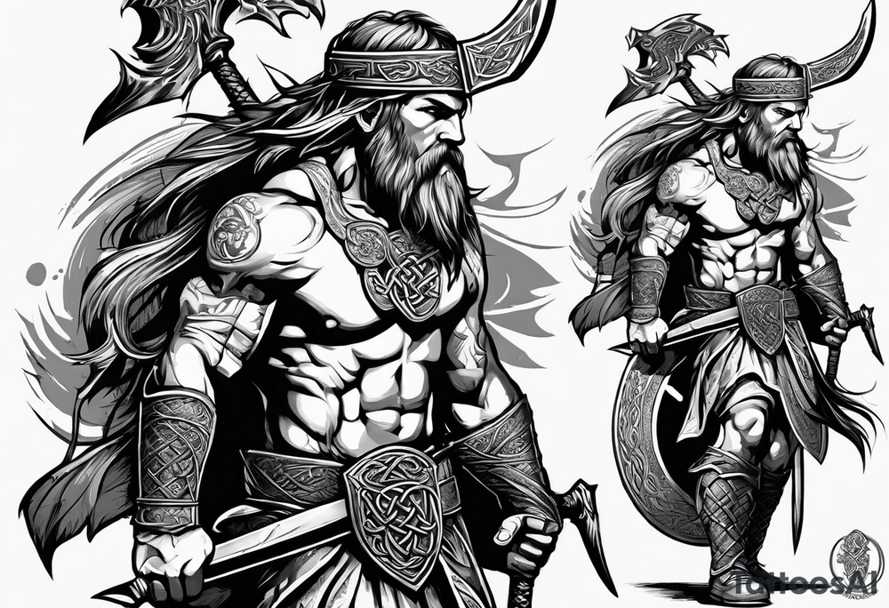 Full body side profile of
Celtic warrior with an axe in one hand and a sword in the other walking into battle tattoo idea