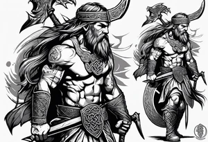 Full body side profile of
Celtic warrior with an axe in one hand and a sword in the other walking into battle tattoo idea