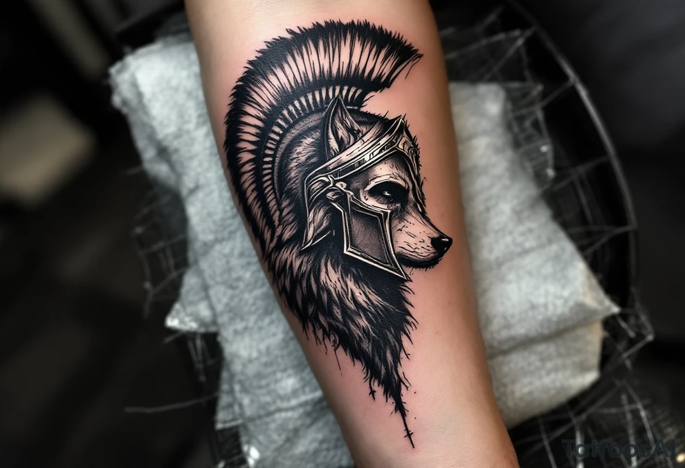 forearm tattoo of a spartan mixed to a wolf tattoo idea