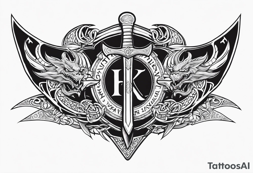 Valhalla sword shield dragon axe viking church tattoo idea