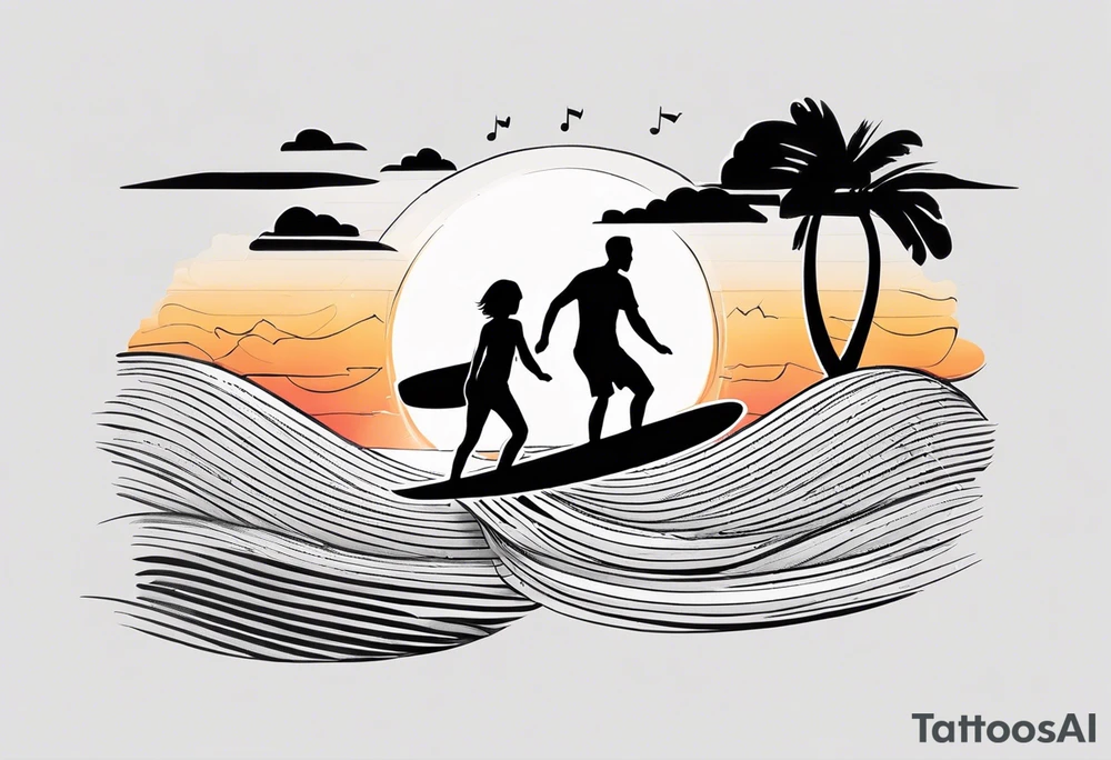 Black and white Line work tattoo depicting a father surfing with his two daughters.  The sunset and horizon have musical notes. tattoo idea