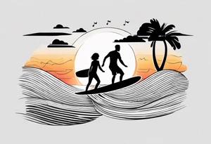Black and white Line work tattoo depicting a father surfing with his two daughters.  The sunset and horizon have musical notes. tattoo idea
